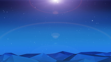 Fototapeta premium Landscape Planet Technology Wireframe Polygon Geometric Illustration. Abstract Bright Light Glow Sun Flare On Dark Night Sky Texture Background.