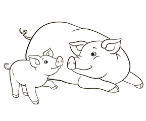Coloring pages. Mother pig looks at her little cute piglet.