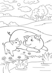 Coloring pages. Mother pig with her little cute piglet near the pondr the pond.