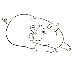 Coloring page. Cute pig lays and smiles.