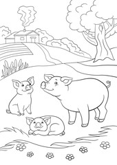 Coloring pages. Mother pig with her little cute piglets.