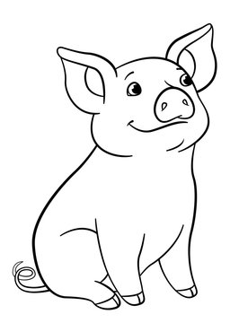 recommend clip art: Coloring pages. Little cute piglet sits and smiles.