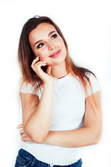 young pretty teenage hipster girl posing emotional happy smiling on white background, lifestyle people concept closeup