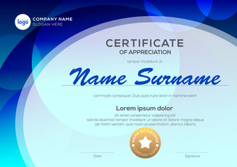 Certificate template with oval shape on blue background. Certificate of appreciation, award diploma design template. Vector illustration