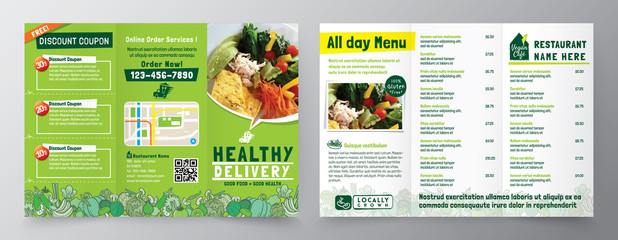Food Delivery Flyer Pamphlet brochure design vector template in A4 size Tri fold. Healthy Meal, Restaurant menu template