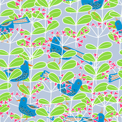 pink flowers drawn with blue birds on a gray background