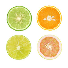 Fototapeta premium Slice of fresh orange with lime and pomelo and Bergamot citrus fruit iisolated on white background