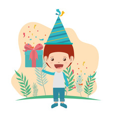 Fototapeta premium boy with party hat and gift box in birthday celebration