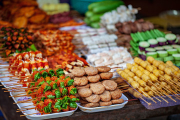 Traditional sea food in the street of Vietnam. Crabs, shrimps, oysters, mussels, colmar, octopus, for cooking on a barbecue