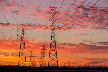 Electric Transformers in San Francisco Bay Area. Baylands Nature Preserve, Santa Clara County, California, USA.
