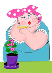 Full, fat woman drinking tea or coffee, geranium flower, illustration