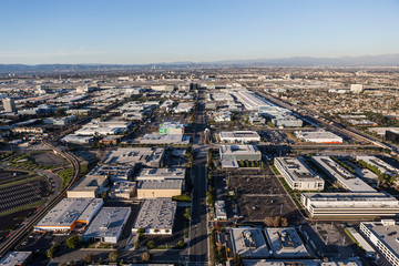 Aerial of industrial buildings along South Douglas Street in El Segundo near LAX and Los Angeles,...