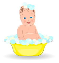 Cute little baby is bathing in the tub. lather. illustration