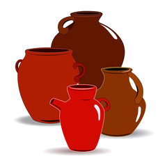 Flat drawing of ceramic jugs. Tableware for drinks. Ceramic jug. Isolated, white. Illustration