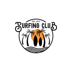 surfing club coconut tree surf board logo design