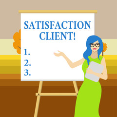 Text sign showing Satisfaction Client. Business photo text benefits which customers get from purchasing products White Female in Glasses Standing by Blank Whiteboard on Stand Presentation