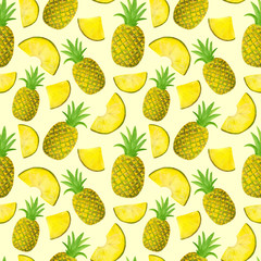 Seamless watercolor pattern with pineapple isolated on pastel yellow background. Hand drawn fruits and slices for food packaging design, wrapping, textile, decor, menu, scrapbooking