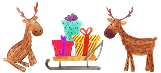 cartoon christmas deer and sleigh with gifts. watercolor illustration for prints and posters.