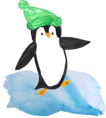 Cartoon penguin in a green cap rolls down a hill. watercolor illustration for prints and posters. New Year card