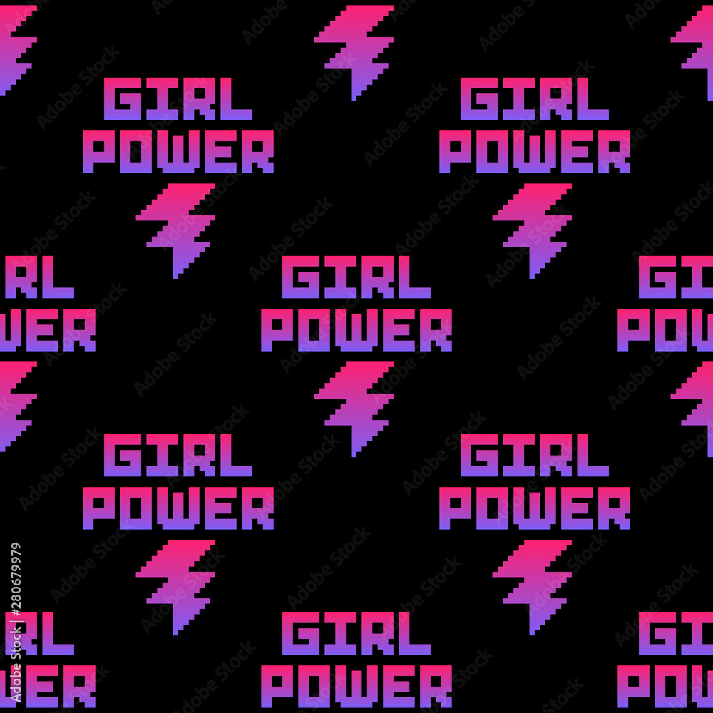 Wall mural Seamless pattern with girl power inscription. Neon pixel font.