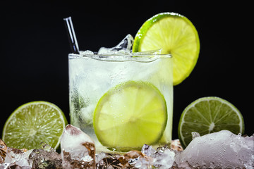 Lemon Fruit Lime Caipirinha of Brazil on grey vintage, Brazilian traditional drink, isolated with...