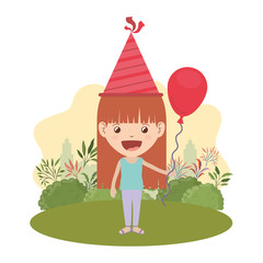 girl with party hat and helium balloon in birthday celebration