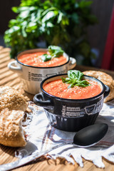 Traditional gazpacho Soup in two plates on a napkin decorated with Basil on a bright Sunny day with shades of blinds on a background of greenery and buns