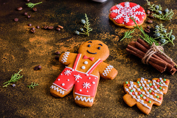 Christmas homemade gingerbread cookies on a dark background