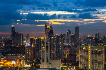Sky view of Bangkok with skyscrapers in the business district in Bangkok in the during beautiful twilight give the city a modern style.