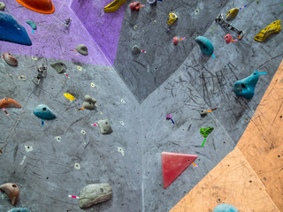 Wall with obstacles and clues for climbers. Specialized center for training climbers