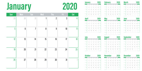 Calendar planner 2020 template vector illustration all 12 months week starts on Sunday and indicate weekends on Saturday and Sunday