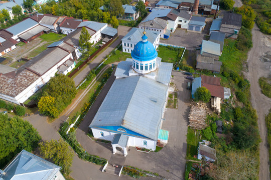 Over the old Church of St. Nicholas the September day (aerial survey). Kotelnich, Russia