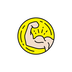 Bicep muscle line icon. Muscular male arm strength symbol. Simple power fitness coin sign. Vector illustration.