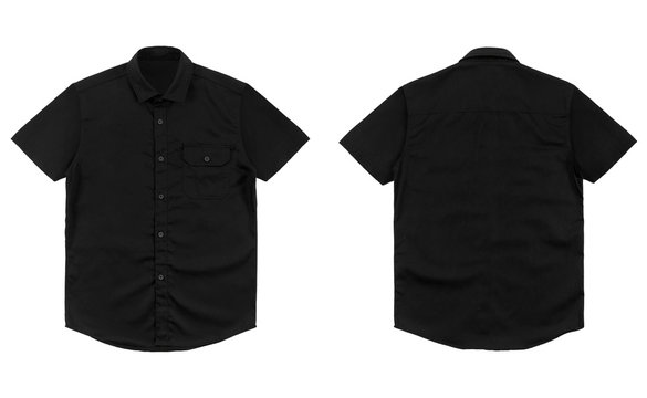 Black shirt front and back view isolated on white background.
