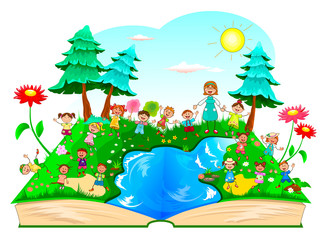 Happy kids playing on nature.Joyful children for a walk in nature. Children on a walk outside the city. Joyful little kids and a teacher. Forest, lake, flowers, grass. Nature, landscape. Sky, sun, cl 