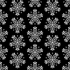 Abstract tile vector floral pattern with white flowers on black background for seamless decoration wallpaper