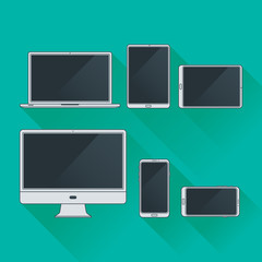 Flat computer desktop pack outline icons set, business gadget technology with minimalist shadow style vector illustration element design