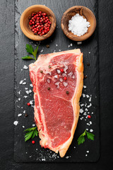 Fresh beef meat is ready for frying in a grill pan.
