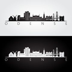 Naklejka premium Odense skyline and landmarks silhouette, black and white design, vector illustration.