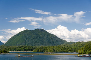 View of Lone Cone mountain across the Sound from Tofino pier