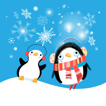 New year bright card with funny penguins