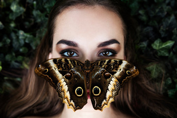 Portrait of beautiful young girl with butterfly sitting on her face. Big black butterfly Papilio lowi sat on the woman's forehead. Symmetrical position.