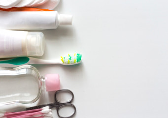 hygiene products for body care on a white background