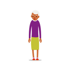 Modern african old woman. Older black lady retired. Happy grandmother standing and smiling. Traditional retirement lifestyle. Cartoon illustration isolated on white background in flat style