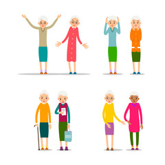Old women. Happy retirement lifestyle. Elderly couple smiling. Beautiful set for healthy lifestyle design with caucasian woman in couple. Standing people isolated in flat style on white background