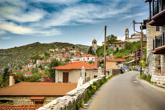 The main road and view to Dimitsana village.Located in Peloponesse,Greece