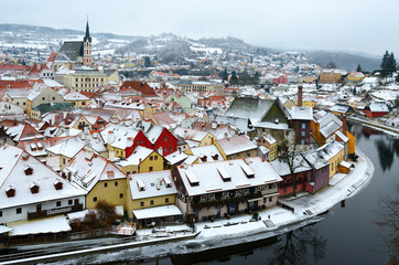 Beautiful top view of historic center of Cesky Krumlov, Vltava river, Czech Republic