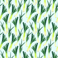 Leek and shallot in a seamless pattern.