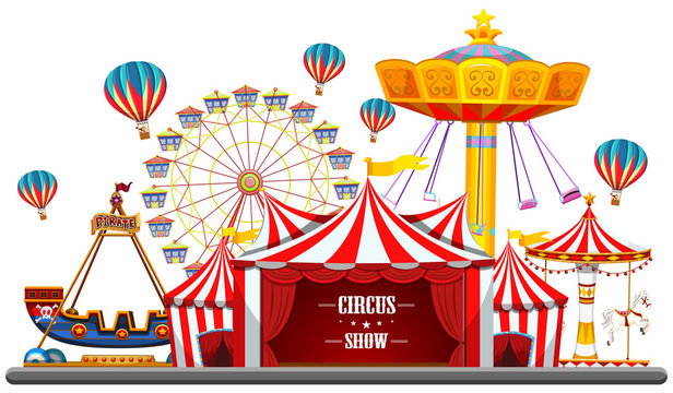 Circus Event With Tents, Ferris Wheel, Rides Games, Ticket Booth Pirate Ship Isolated