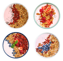 Set of delicious healthy desserts with goji berries on white background, top view